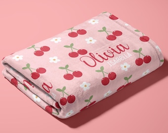 Pink Cherry Name Blanket Personalized Cherry Blanket Name Blanket for Girl Custom Name Blanket Baby Cherry Swaddle Blanket Fruit Blanket