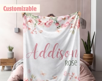 Personalized Baby Blankets for Girls, Customized Baby Blanket, Floral Blanket, Best Gift for Baby, Newborn, New Mom, Custom Baby Blanket