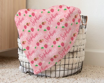 Strawberry Personalized Blanket Custom Baby Blanket with Name Cute Toddler Gift Baby Shower Present Girls Room Decor Keepsake Gift Idea