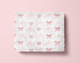 Manta de bebé con lazo rosa personalizada, regalo para baby shower, decoración de guardería con lazo rosa personalizado, manta de lazo rosa estética coqueta