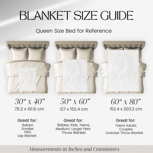 Pode incluir: Um guia de tamanhos de cobertores com tr&ecirc;s tamanhos diferentes mostrados em uma cama queen-size. Os tamanhos s&atilde;o 30" x 40", 50" x 60" e 60" x 80". Cada tamanho &eacute; mostrado com as medidas em polegadas e cent&iacute;metros. O guia tamb&eacute;m inclui uma descri&ccedil;&atilde;o do que cada tamanho &eacute; ideal para.