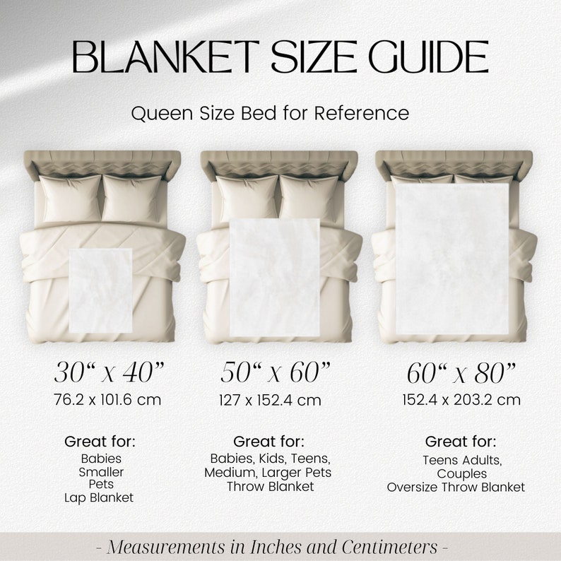 Pode incluir: Um guia de tamanhos de cobertores com tr&ecirc;s tamanhos diferentes mostrados em uma cama queen-size. Os tamanhos s&atilde;o 30" x 40", 50" x 60" e 60" x 80". Cada tamanho &eacute; mostrado com as medidas em polegadas e cent&iacute;metros. O guia tamb&eacute;m inclui uma descri&ccedil;&atilde;o do que cada tamanho &eacute; ideal para.