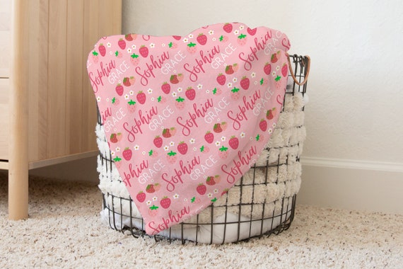 Strawberry Personalized Blanket Custom Baby Blanket with Name Cute Toddler Gift Baby Shower Present Girls Room Decor Keepsake Gift Idea