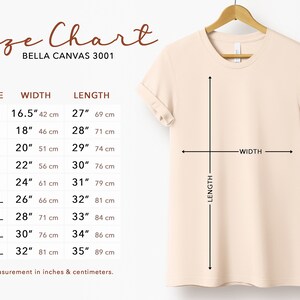 Puede incluir: Tabla de tallas para camisetas Bella Canvas 3001, que muestra las medidas en pulgadas y cent&iacute;metros para las tallas XS a 5XL. La tabla incluye las medidas de ancho y largo.