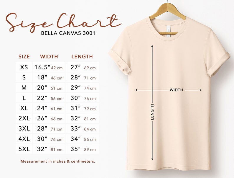 Puede incluir: Tabla de tallas para camisetas Bella Canvas 3001, que muestra las medidas en pulgadas y cent&iacute;metros para las tallas XS a 5XL. La tabla incluye las medidas de ancho y largo.