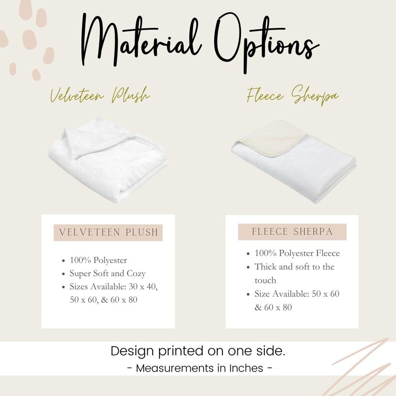 May include: Two white blankets with different textures. The left blanket is made of velveteen plush and the right blanket is made of fleece sherpa. The text on the image reads "Material Options", "Velveteen Plush", "Fleece Sherpa", "100% Polyester", "Super Soft and Cozy", "Sizes Available: 30 x 40, 50 x 60, & 60 x 80", "100% Polyester Fleece", "Thick and soft to the touch", "Size Available: 50 x 60 & 60 x 80", "Design printed on one side. - Measurements in Inches - "