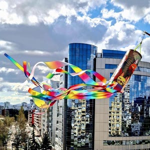 Puede incluir: Una cometa colorida con cintas de arcoíris y un cuerpo cilíndrico con un diseño de gato vuela contra un edificio moderno y un cielo nublado. Las cintas de la cometa muestran colores vibrantes.