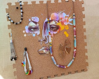 Cork Jewelry Display Stand. Pinnable Multifunctional Macrame Board
