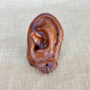Pear Wood Sculpture. Hand Carved Exaggerated Realistic Human Ear, Pierced