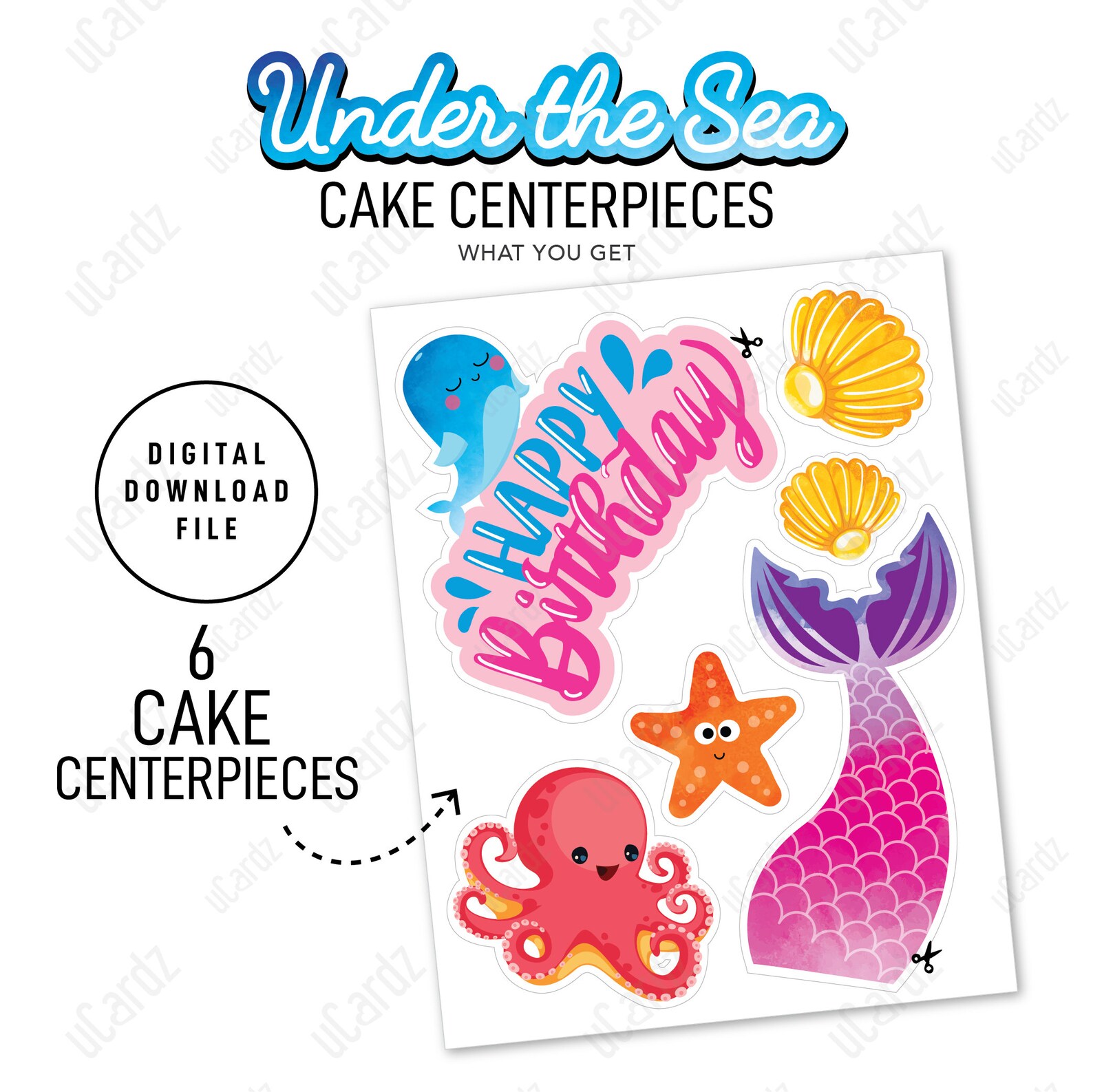 Printable Mermaid Cake Topper Big Centrepieces Sea Creatures | Etsy