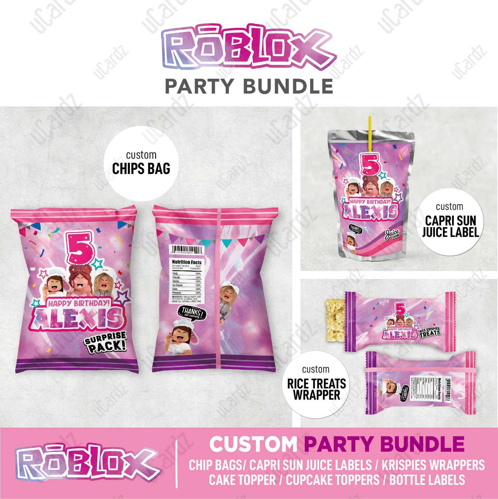 Personalized Roblox Girl Party Supplies Roblox Girl Chip Etsy