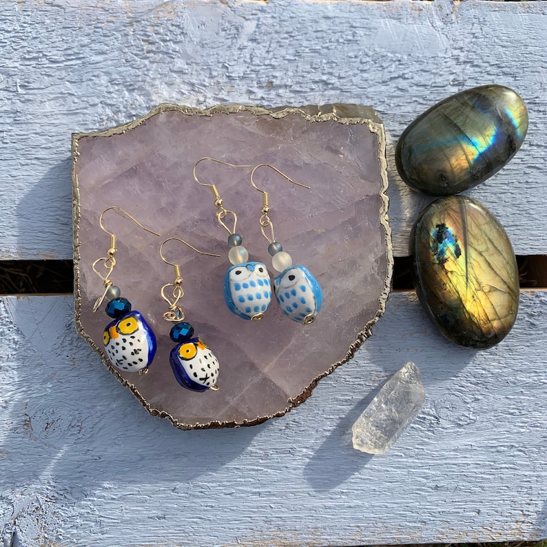 Spiritual Boho Antique Owl Bauble Wire Wrapped Earrings Healing Jewelry Valentine/'s Day Natural Gemstone Quirky Gift