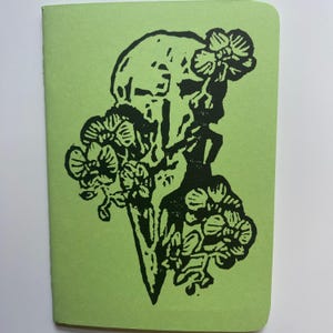 Bird Skull Orchid Handprinted Notebook- Green | Lino Print, Linocut, Travelers Notebook, Blank