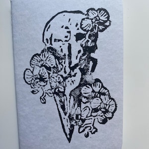 Bird Skull Orchid Handprinted Notebook- Light Blue | Lino Print, Linocut, Travelers Notebook, Blank