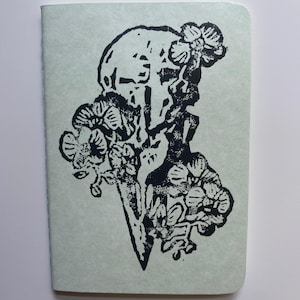 Bird Skull Orchid Handprinted Notebook- Light Green | Lino Print, Linocut, Travelers Notebook, Blank
