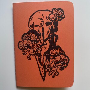 Bird Skull Orchid Handprinted Notebook- Rust Orange | Lino Print, Linocut, Travelers Notebook, Blank