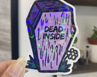 Uroczy, fioletowy, winylowy, holograficzny napis „Dead Inside Coffin” na Halloween | Wodoodporny, naklejka na butelkę z wodą, naklejka na laptopa