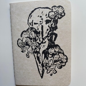 Bird Skull Orchid Handprinted Notebook- Ivory | Lino Print, Linocut, Travelers Notebook, Blank
