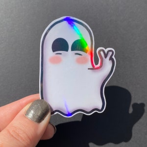 Peace Sign Ghost Cute Vinyl Halloween Holographic Sticker | Waterproof, Water bottle Sticker, Laptop Sticker