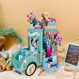 Tarjeta de coche y flores, tarjeta emergente 3D, tarjeta de cumpleaños, feliz cumpleaños, tarjeta de felicitación, tarjeta romántica, tarjeta de flores, tarjeta de coche, (coche verde)