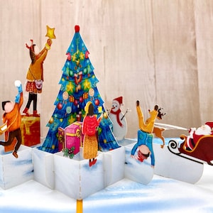 Plaisir de Noël, carte pop-up 3D, carte de Noël 3D, carte de Noël de style aquarelle