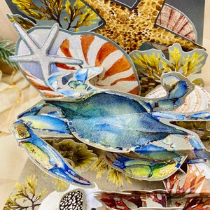 May include: A 3D pop-up card featuring a blue crab with a seashell and starfish design. The card is made of paper and has a textured surface.