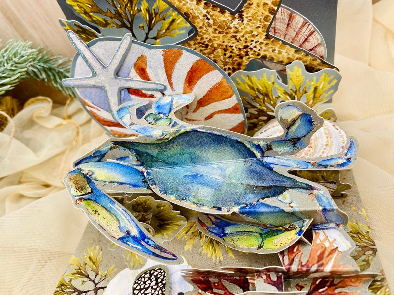 May include: A 3D pop-up card featuring a blue crab with a seashell and starfish design. The card is made of paper and has a textured surface.