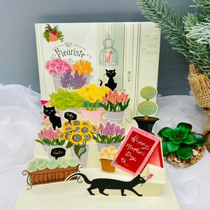 Fleurs, fleuriste, chats, cartes pop-up, carte 3D pour la fête des mères, carte pour la fête des mères, carte pour elle, carte pour maman, carte pour mère, fête des mères