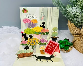 Flowers, Florist, Cats, Pop Up Cards, 3D Mothers Day Card, Mother's Day Card, Card for Her, Card for Mom, Card for mother, Mothers Day