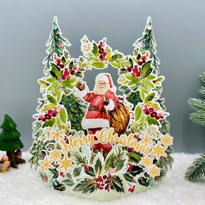 Salut le Père Noël, Carte de Noël pop up 3D, Style aquarelle, Carte de Noël unique, Décoration de Noël