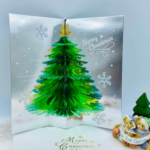 Green Rainbow Christmas Tree, 3D Pop up Christmas Card, Christmas Tree Card, Laser Gold Foil Card