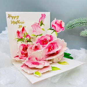Roses pour maman, carte fleurie, carte pop-up, carte 3D, carte de voeux, carte de fête des mères, voeux de printemps, carte pour elle, carte pour maman