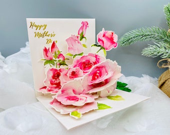 Roses for Mom, Flower Card, Pop Up Card, 3D Card, Greeting Card, Mothers Day Card, Spring Greeting, Card For Her, Card for Mom