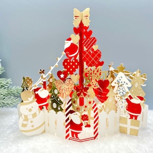 Love Christmas, Carte de Noël pop-up 3D, Carte d’arbre de Noël, Carte laser Gold Foil, Carte de Noël luxueuse