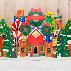 Livraison de Noël, Incroyable carte de Noël pop-up 3D, Vue panoramique, Carte de Noël unique, Décoration de Noël, Village du Père Noël, Village de Noël