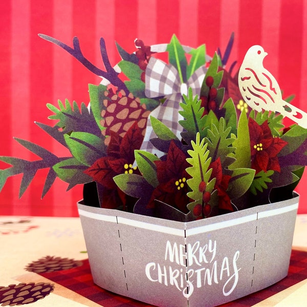 Singing for Christmas, 3D Pop up Christmas Basket Card, Holiday Greeting, Poinsettia, Pine Cones, Classic Colors, Checkered, Card for Anyone