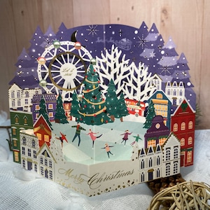 Carte de Noël pop-up 3D, Ski de Noël, Noël enneigé, Noël bleu