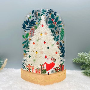 Seesaw Snow Globe, Unique 3D Pop up Christmas Card, Holiday Card, Laser Gold Foil Card, Santa Under the Christmas Tree