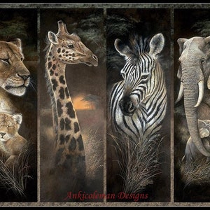Peut inclure: Un collage de quatre animaux africains : une lionne avec son petit, une girafe, un zèbre et un éléphant avec son petit. Les animaux sont représentés dans un style réaliste avec des textures de fourrure et de peau détaillées. L'arrière-plan est brun foncé avec des touches d'herbe verte.
