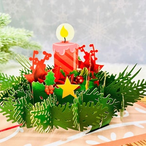Carte de bougie de Noël pop-up 3D, vœux de vacances chaleureux, poinsettia, cèdre, gui, carte de Noël pour tout le monde