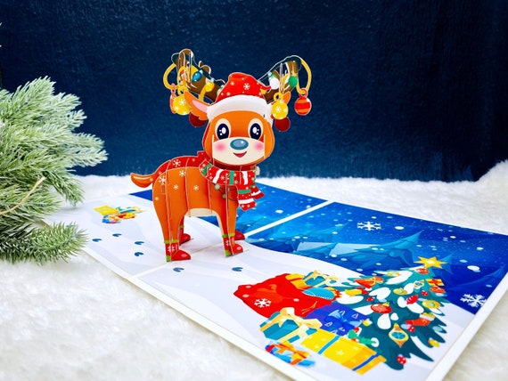 Reindeer in Lights, Funny Pop Up Christmas Card, 3D Christmas Card, Holiday Greeting, Merry Christmas