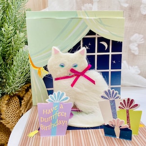 Chat, Chat moelleux, Chat blanc, Carte d’anniversaire pop-up, Carte d’anniversaire 3D, Carte pop-up, Carte d’anniversaire, Carte de vœux, Carte d’anniversaire pop-up pour elle