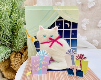 Cat,Fluffy Cat, White Cat, Pop Up Birthday Card, 3D Birthday Card, Pop up Card, Birthday Card, Greeting Card, pop-up birthday card for her