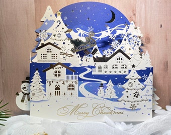3D Pop Up Christmas Card, Snowy Holiday, Blue Christmas, Sled, Village, Laser Card, Gold Foil Christmas Card