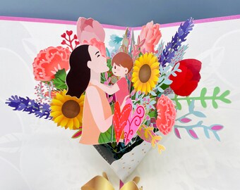 Bouquet for Mom, Huggy, Flower Card, Pop Up Card, 3D Card, Greeting Card, Mothers Day Card, Spring Greeting,Card For Her, Card for Mom