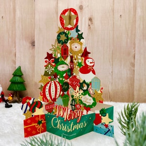 Carte d’arbre de Noël pop-up, carte de Noël pop-up 3D, carte en feuille d’or laser, décor de Noël, ornement de Noël