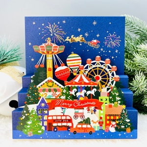 Christmas Theme Park, 3D Pop Up Christmas Card, Snowy Holiday, Blue Christmas, Laser Card, Gold Foil Christmas Card