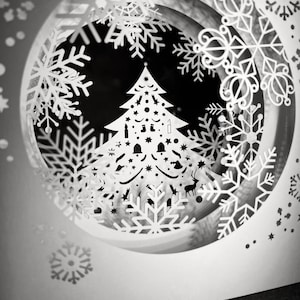 Carte de Noël 3D, Carte de Noël pop-up, Pays des merveilles de l'hiver, Hiver minimaliste, Forêt en hiver, Pin enneigé, Sapin de Noël enneigé
