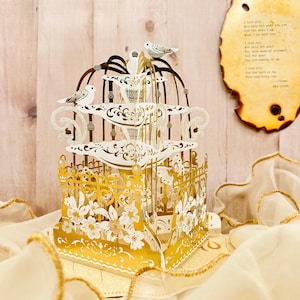 Carte pop up, carte 3D, carte de voeux, carte laser Gold Foil, carte de luxe hollow, fontaine, oiseaux, papillon, carte de jardin pour n’importe quelle occasion