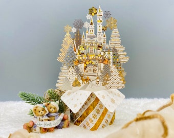 3D Pop up Christmas Card, Holiday Card, Laser Gold Foil Card, Luxurious Xmas Card, Christmas Town, Christmas Palace, Snowy Christmas